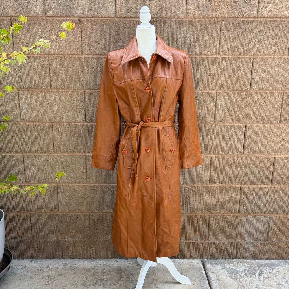 Vintage Wilsons Leather Maxima Trench Coat Brown Long Belted Jacket Womens Large